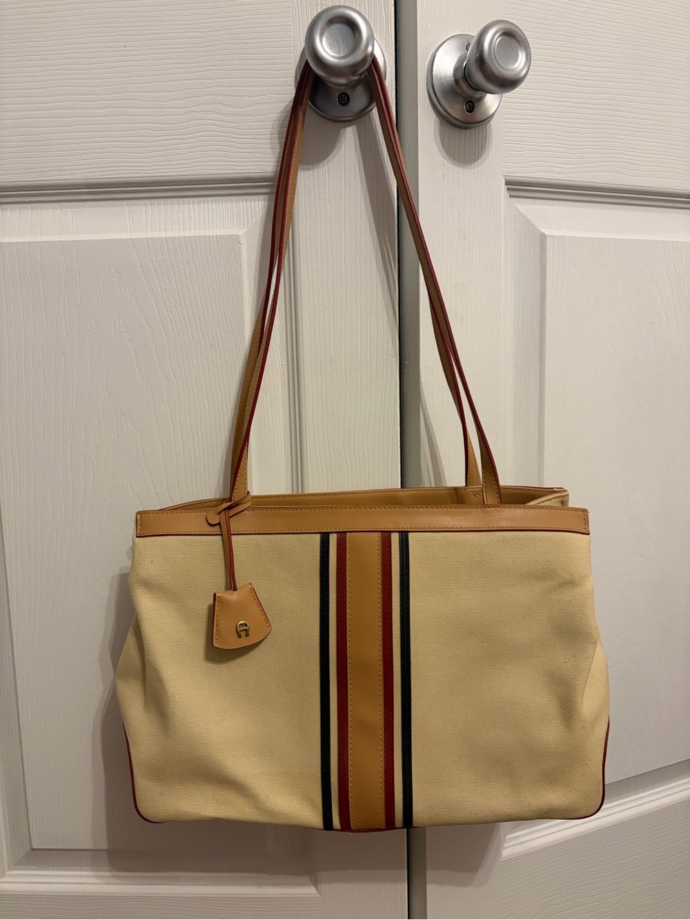 Vintage Etienne Aigner canvas tote bag leather trim striped shoulder bag
